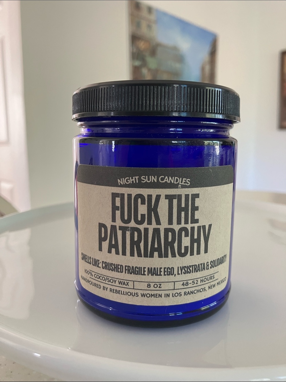 NWT "F*ck the Patriarchy" Soy Candle Blue Glass Jar